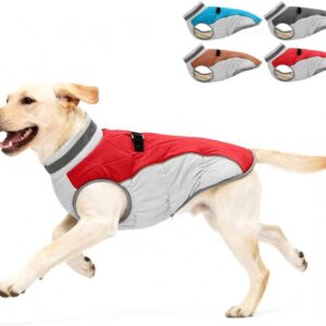 Dog Winter Coat for Medium Dogs, Adjustable Puppy Warm Jackets in Cold Weather, Reflective Pet Fleece Vest with External Attachment Points, Zippered Cold-Weather Dog Winter Clothes, M Red