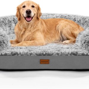 Fluffy 3.7 inch Thickened Orthopedic Dog Beds for Extra Large Dogs, Supportive Dog Sofa Bed with 28D Egg-Crate Foam, Removable Washable Cover, Waterproof Lining, Cozy Oval Design,Grey