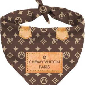 Chewy Vuiton Dog Bandana Designer Fashion Scarf Kerchief for Small Medium and Large Dogs, Funny Parody Gift for Girl or Boy Dog, Soft Durable Fabric, Adjustable Tie-On Style Triangle