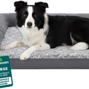 FurHaven Orthopedic Dog Bed for Large Dogs, L-Shaped Chaise Contour with Orthopedic Egg Crate & a Solid Orthopedic Foam Base for Joint Support, Washable Cover, Large, Faux Fur & Suede, Stone Gray