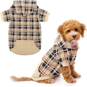 EXPAWLORER Plaid Dog Hoodie – British Style Warm Dog Sweater Shirt with Leash Hole,Pitbull Clothes Outfits,Winter Coat Apparel for All Breeds Puppy Girl Boy-Cat Apparel,Beige Medium
