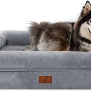 XL Orthopedic Dog Bed for Large Dogs, Big Waterproof Dog Bed with Removable Washable Cover, 4-Sides Removable Bolster Pet Couch Sofa with Non-Slip Bottom, Grey