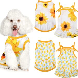 Frienda 4 Pieces Dog Clothes Set Include 2 Pcs Cute Pet Dress Lovely Dog Dress and 2 Pcs Breathable Pet T Shirt Puppy Clothes(Pineapple, Sunflower,Medium)