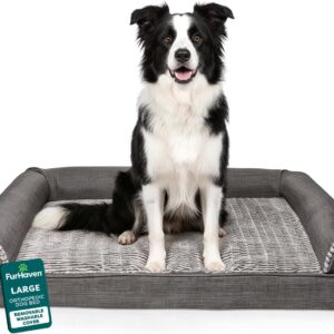 Furhaven Orthopedic Dog Bed for Large/Medium Dogs w/ Removable Bolsters & Washable Cover, For Dogs Up to 55 lbs – Luxe Faux Fur & Performance Linen Sofa – Charcoal, Large