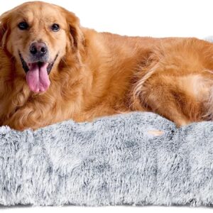 EHEYCIGA Fluffy Dog Crate Bed for Extra Large Dogs, Plush Faux Fur Pad, Calming Anti Anxiety XL Bed for Crate, Washable Soft Warm Dog Mat with Non-Slip Bottom, Grey