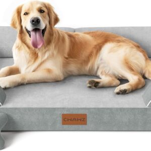 Extra Large Dog Bed, Orthopedic Dog Bed with Cooling Gel Memory Foam, Waterproof XL Pet Bed with Removable Washable Cover, 42″ Pet Sofa Couch Dutch Velvet with Bone Toy, Light Gray