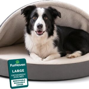 FurHaven Round Orthopedic Dog Bed for Large Dogs, Egg Crate with a Solid Orthopedic Foam Base with Attached Blanket Hood and Removable Washable Cover, Large, Sherpa & Suede Snuggery, Gray
