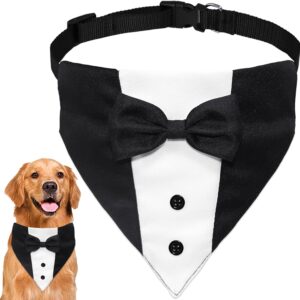 Dog Tuxedo Suit Wedding Bandana Collar with Bow Tie, Adjustable Formal Dog Tux, Engagement Birthday Tuxedo for Small Medium Large Dogs Pets (Large: Neck 15”-25”)