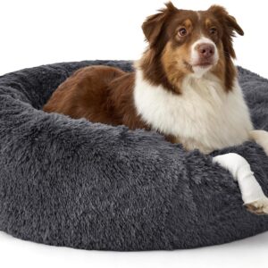 Bedsure Calming Dog Beds Large Sized Dog – 36in Donut Washable Large Pet Bed,Anti-Slip ＆Removable Cover,420GSM Round Anti-Anxiety Fluffy Plush Faux Fur Bed, Fits up to 80 lbs Pets,Plus Version