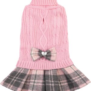 Small Dog Sweater Dress with Bowtie Turtleneck Knitted Puppy Winter Clothes Girl Warm Dog Sweaters with Leash Hole for Yorkies Chihuahua Toy Poodle (S, Pink)
