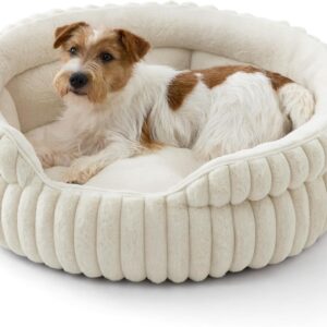Bedsure ComfyFleece™ Medium Dog Bed, Washable Cute Pet Bed, Super Soft Corduroy Round Cat Bed with Anti-Slip Bottom, 26”x26”x9”, Cream
