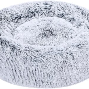 Amazon Basics Washable Donut Pet Bolster Faux Fur Bed with Removable Cover, Anti-Slip Bottom for Dog, Grey, 23″ x 23″