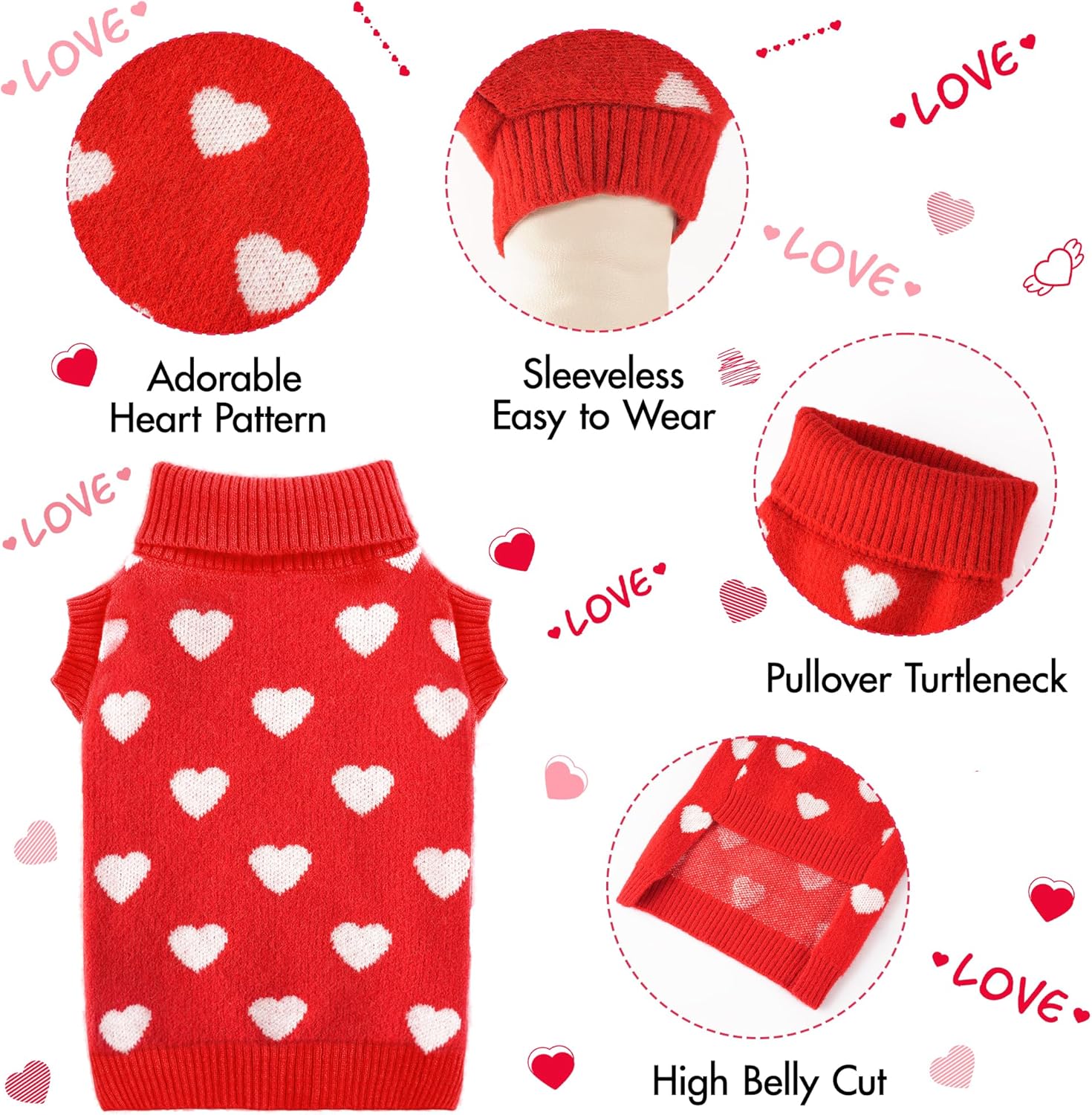 Valentines Dog Sweater Heart Dog Valentines Outfit Soft Warm Knitted Pet Clothes Cold Weather Puppy Clothes for Small Medium Dogs Cats - Image 4