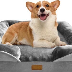 Orthopedic Dog Bed with Sides – Dog Sofa Beds for Medium Dogs, Supportive Foam Pet Couch Bed with Washable Removable Cover, Waterproof Lining and Non-Slip Bottom, Grey – M