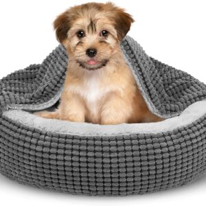 SIWA MARY Small Dog Bed with Attached Blanket, Cozy Donut Cuddler Anti-Anxiety Hooded Pet Beds Calming Cave Bed. Orthopedic Round Puppy Beds for Dogs or Cats Washable, Anti-Slip Bottom, 23inch
