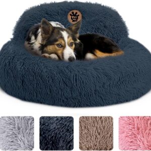 PetJett Calming Dog Bed Medium Size Dog – 30” Donut Bed, Washable Dog Bed, Anti-Slip & Super Soft Fluffy Plush Round Dog Bed, Anti-Anxiety Premium Comfort Pet Bed, Fits Dogs Upto 45 lbs – Dark Grey