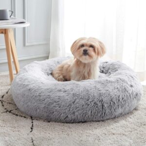 WESTERN HOME WH Calming Soft Round Dog & Cat Bed, Anti-Anxiety Donut Cuddler Warming Cozy Fluffy Faux Fur Plush Cushion Bed for Small Medium Dogs and Cats (20″/24″/27″/30″), Light Grey