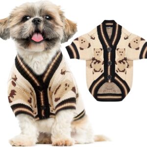 Small Dog Sweaters Cute Bear Dog Cardigans Clothes for Small Medium Dogs Boy Girl Puppy Cat Knitting Cardigan Outfits Dogs Autumn Coats Warm Pet Doggy Clothes Soft Knitwear Apparel (Beige,M)
