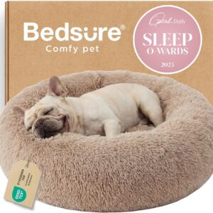 Bedsure Calming Dog Bed Medium Size Dog – Donut Washable Medium Pet Bed, 30 inches Anti-Slip Round Fluffy Plush Faux Fur Cat Bed, Fits up to 45 lbs Pets, Camel