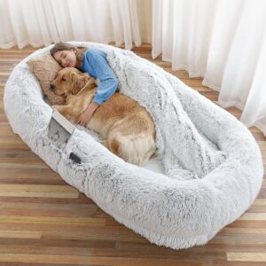 Human Dog Bed – 71″x45″x12″ Fits You & Pets, Washable Faux Fur, Orthopedic, Plump Pillow, Blanket, Strap – Grey