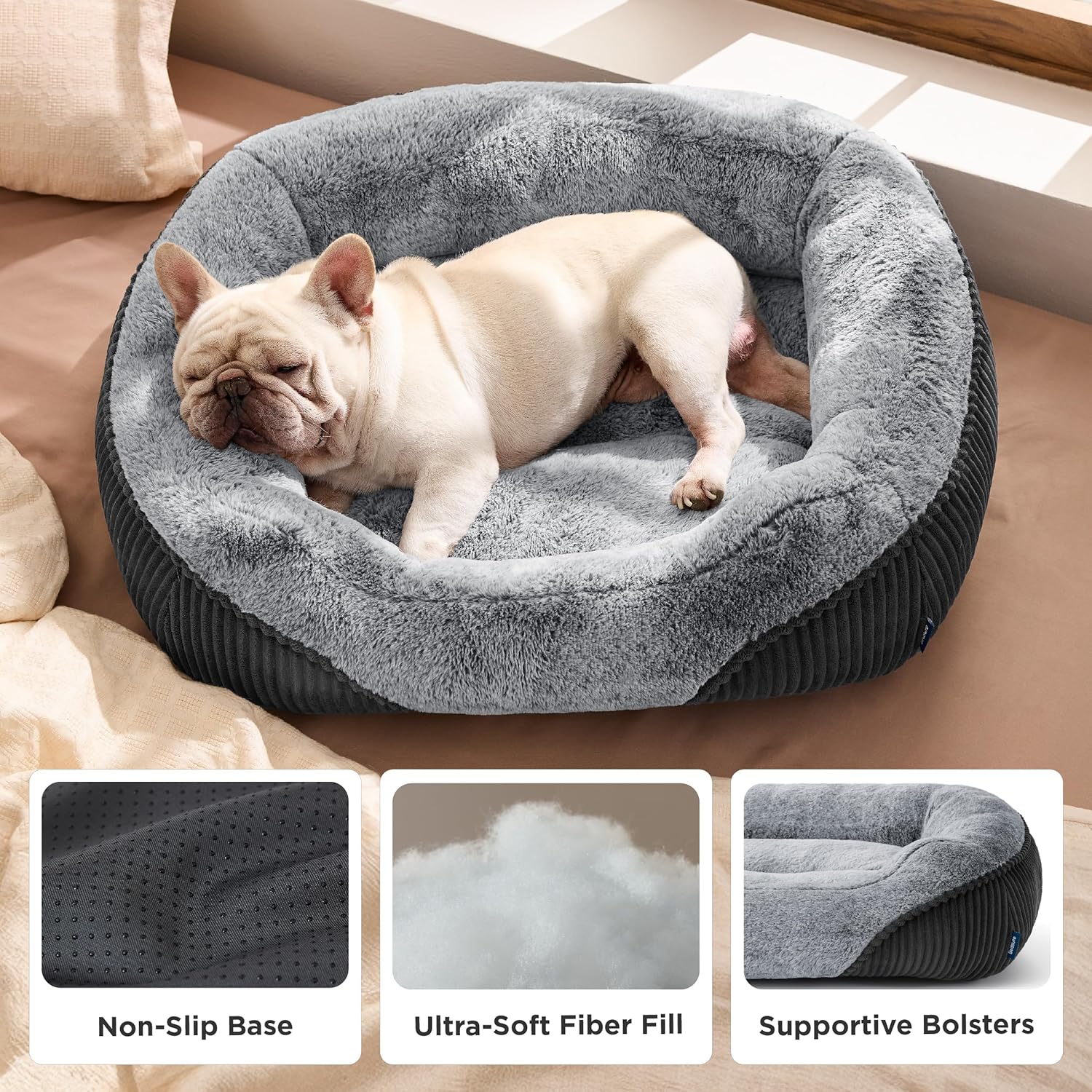 Bedsure Washable Dog Bed Medium Size Dog - Rectangle Fluffy Plush Big Pet Bed, Corduroy Fleece and Nonskid Bottom,30x24x8inches,Suitable for Pet Up to 35lbs,Grey - Image 3