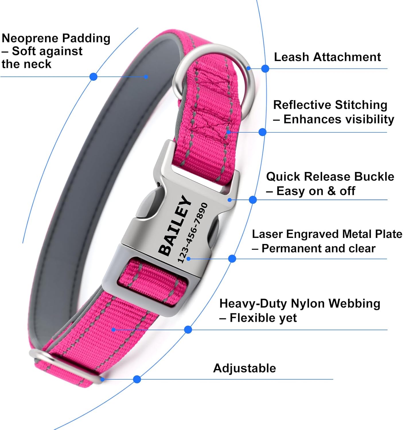 Personalized Dog Collars with Laser Engraved Name & Phone Number – Reflective Nylon Custom Pet Collar, Neoprene Padded, Adjustable for Small Medium Large Dogs with Quick Release Buckle - Image 8