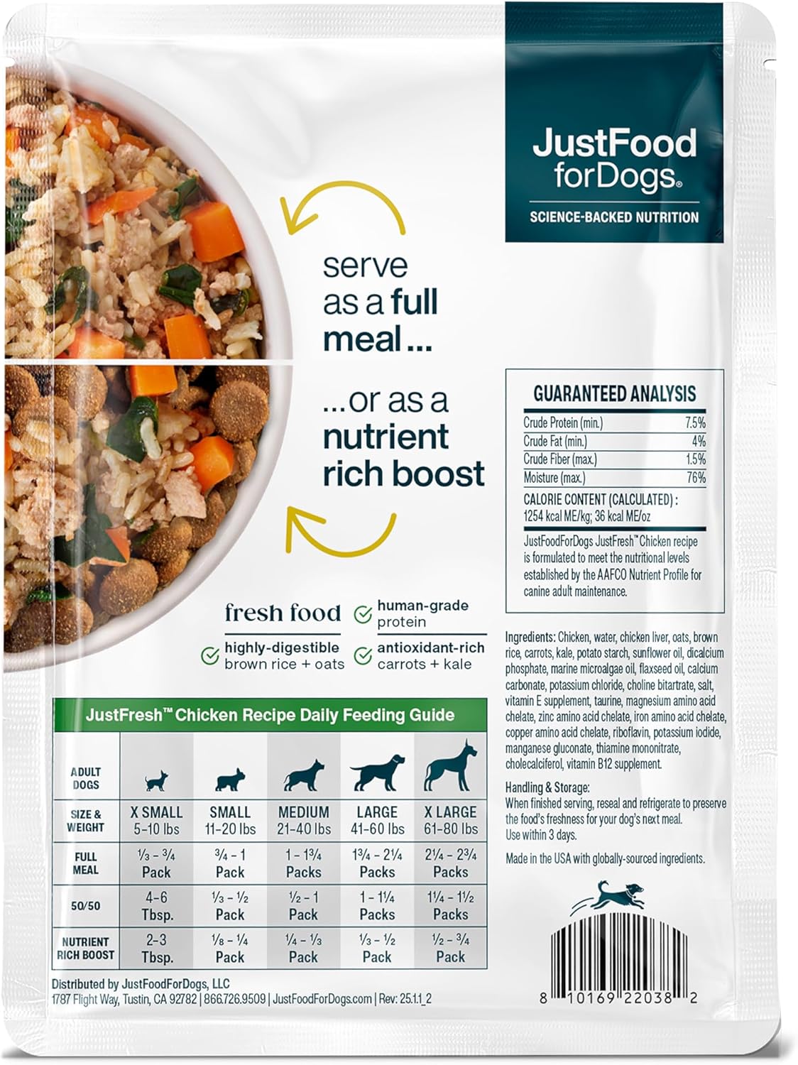 JustFoodForDogs JustFresh Wet Dog Food, Fresh Pet Meals and Toppers with No Preservatives, Resealable Package, Human Grade, Home-Cooked Chicken, 12 oz - 7 Pack - Image 2