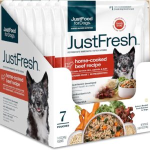 JustFoodForDogs JustFresh Wet Dog Food, Fresh Pet Meals and Toppers with No Preservatives, Resealable Package, Human Grade, Home-Cooked Beef, 12 oz – 7 Pack