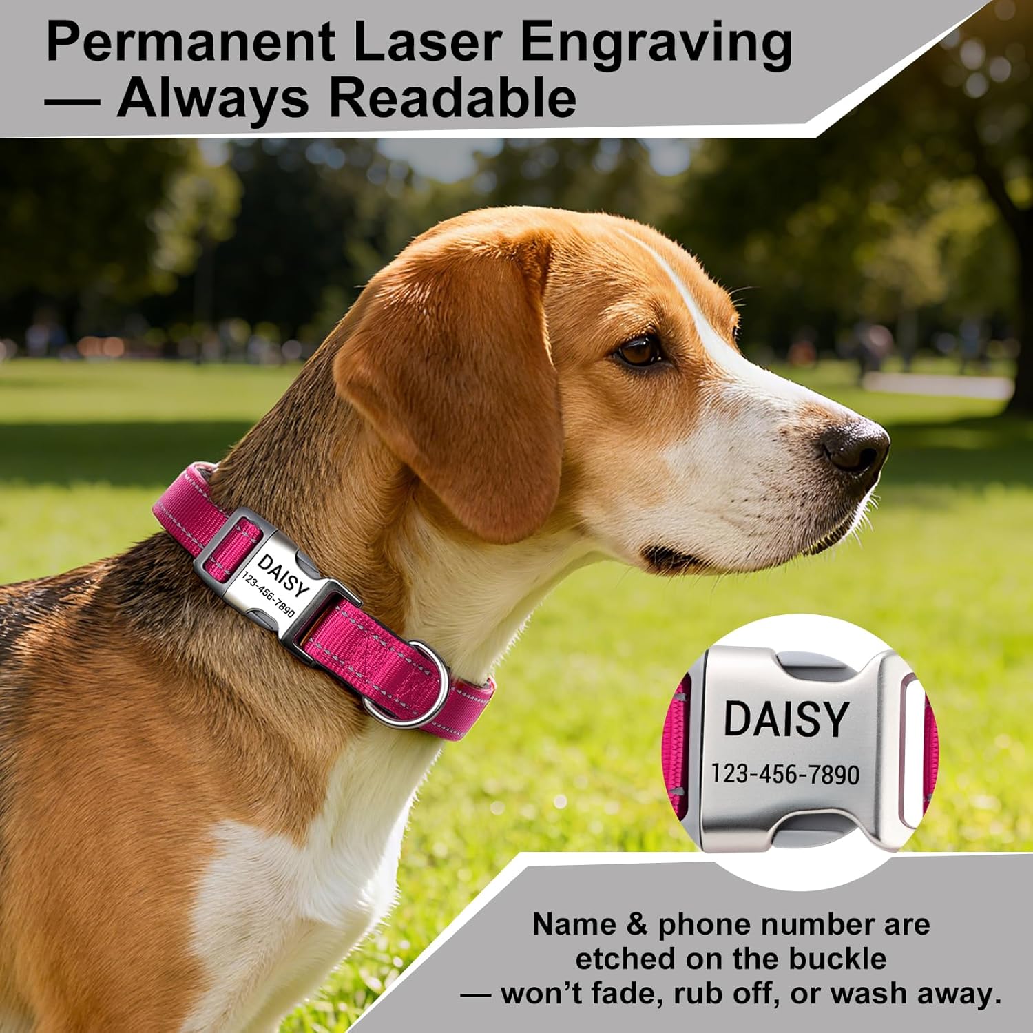 Personalized Dog Collars with Laser Engraved Name & Phone Number – Reflective Nylon Custom Pet Collar, Neoprene Padded, Adjustable for Small Medium Large Dogs with Quick Release Buckle - Image 2