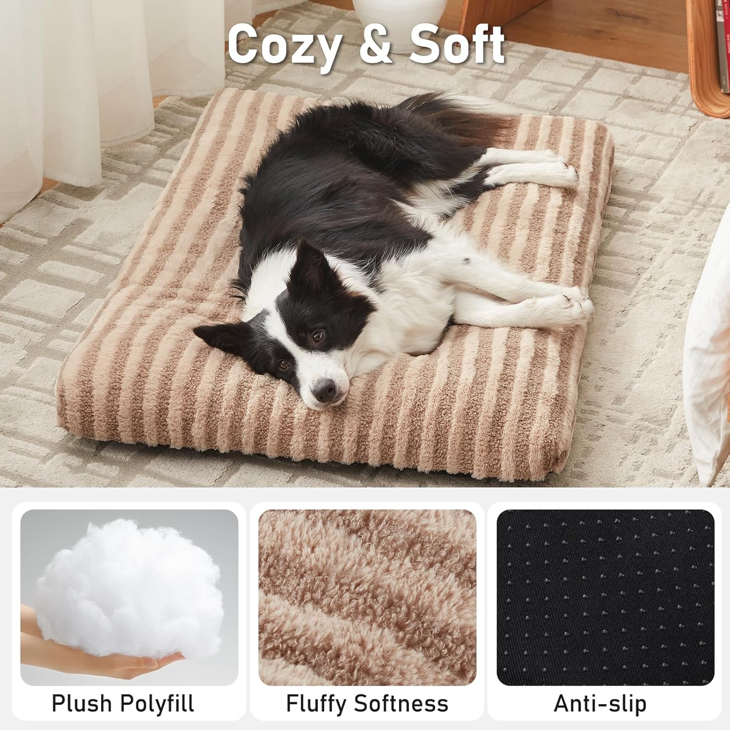 FURTIME Washable Dog Bed Large Sized Dogs, Deluxe Dog Crate Beds Comfy Fluffy Kennel Pad Anti-Slip Pet Sleeping Mat, Machine Washable Dogs Pillow, 35"x23"x3.5", Brown - Image 2