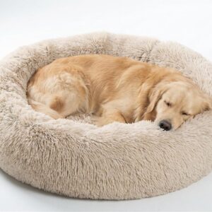SAVFOX 36 inches Calming Donut Dog Bed – 3X Durable Plush Faux Fur, Machine Washable & Non-Slip, Fits up to 100 lbs, Beige