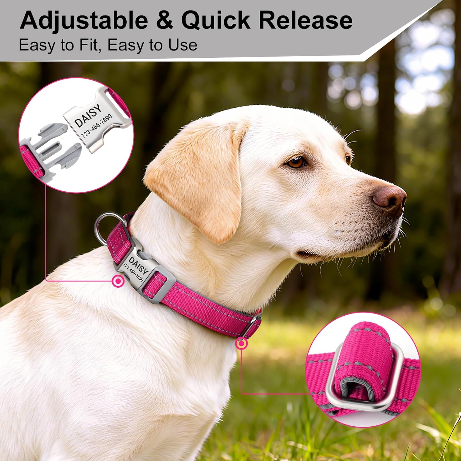Personalized Dog Collars with Laser Engraved Name & Phone Number – Reflective Nylon Custom Pet Collar, Neoprene Padded, Adjustable for Small Medium Large Dogs with Quick Release Buckle - Image 3