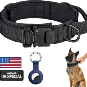 DAGANXI Tactical Dog Collar, Adjustable Military Training Nylon Dog Collar with Control Handle and Heavy Metal Buckle for Medium and Large Dogs, with Patches and Airtags Case (L, Black)